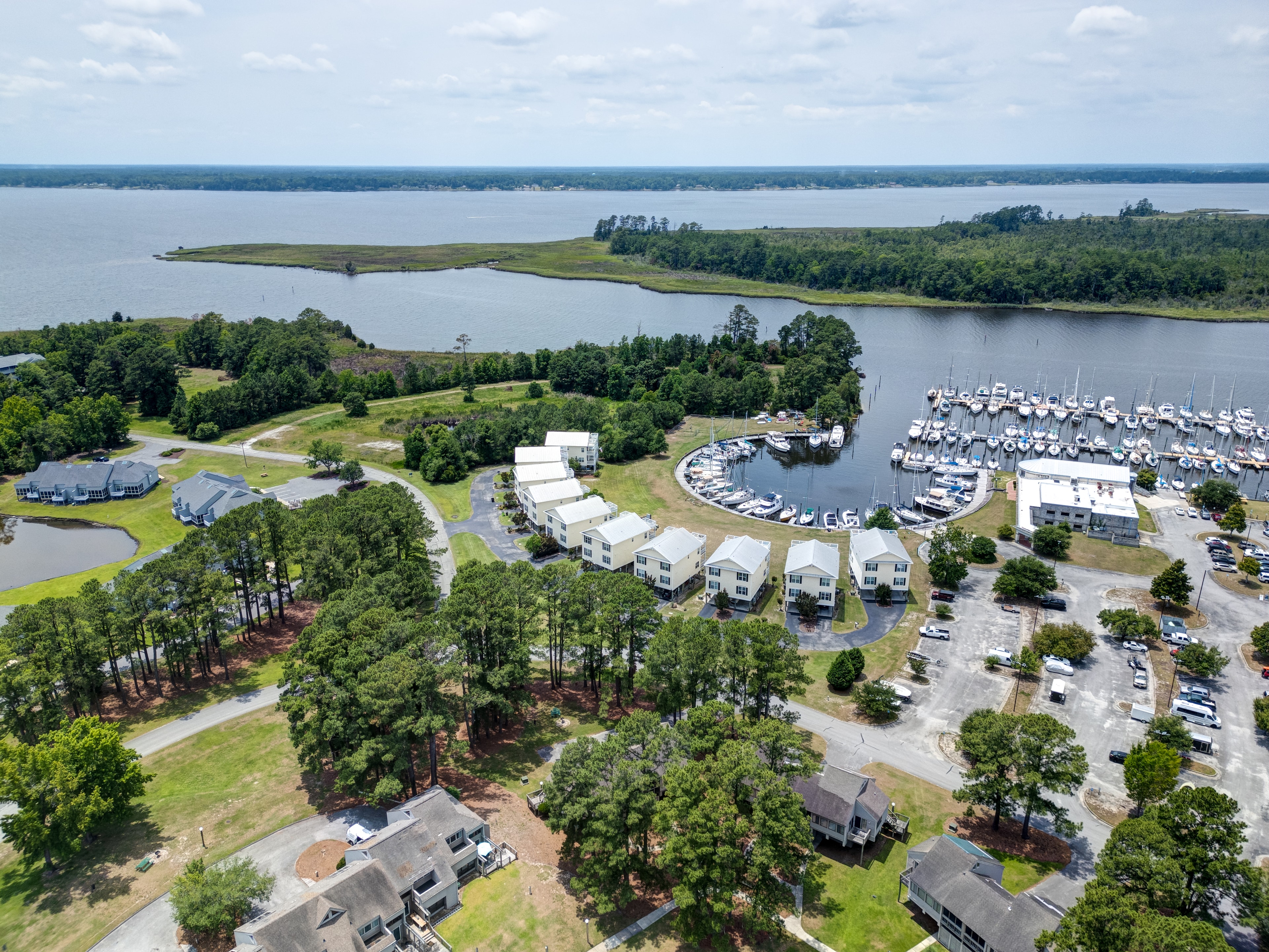 Aerial view of Broad Creek Marina and surrounding Fairfield Harbour community