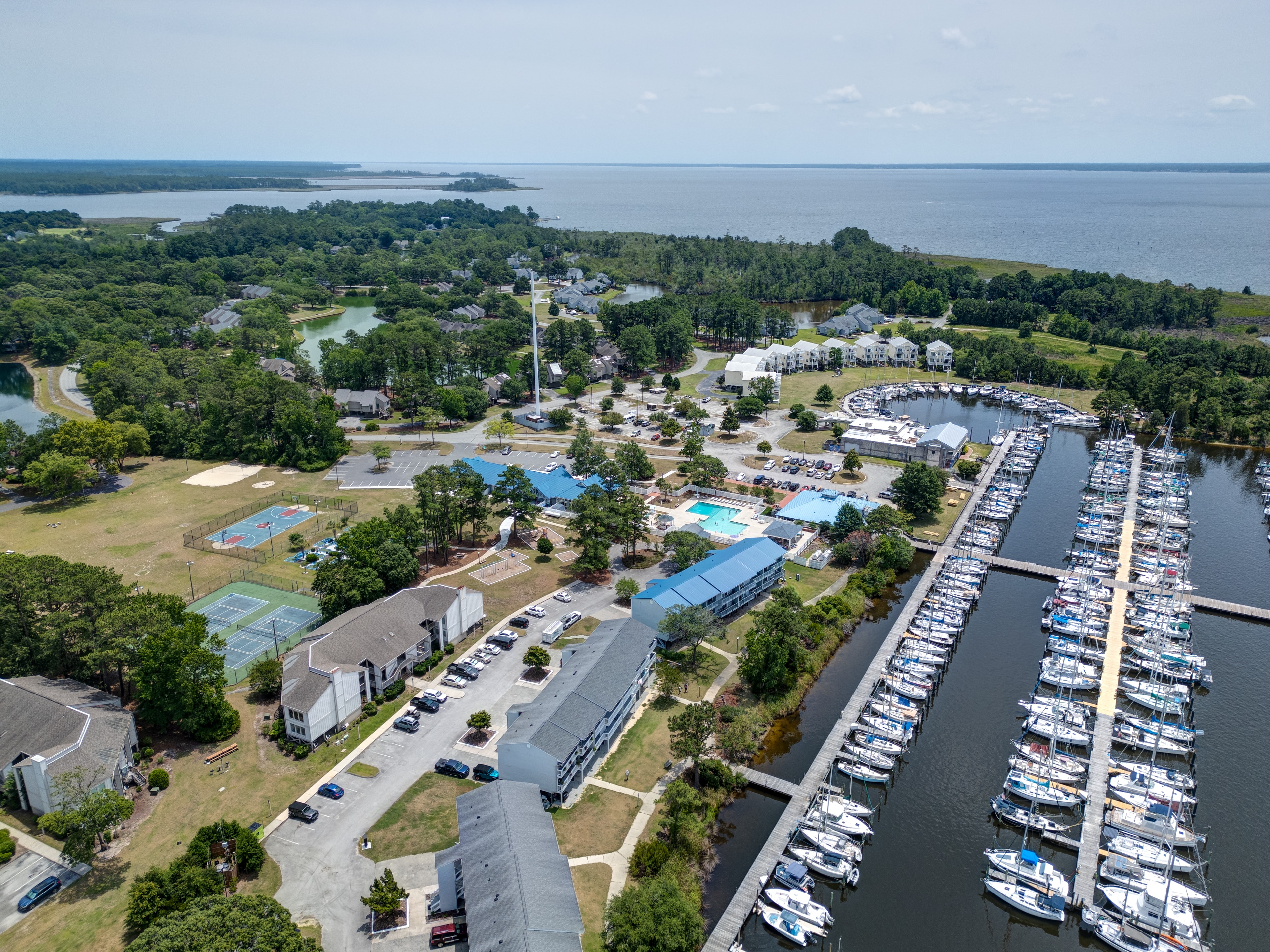 Aerial view of the Broad Creek Rec. Center with pool and tennis courts